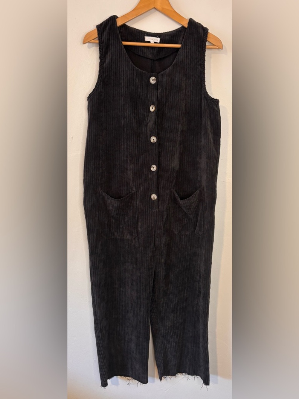 Anthropologie Little Lies Black Sleeveless Corduroy Cropped Frayed Jumpsuit LP